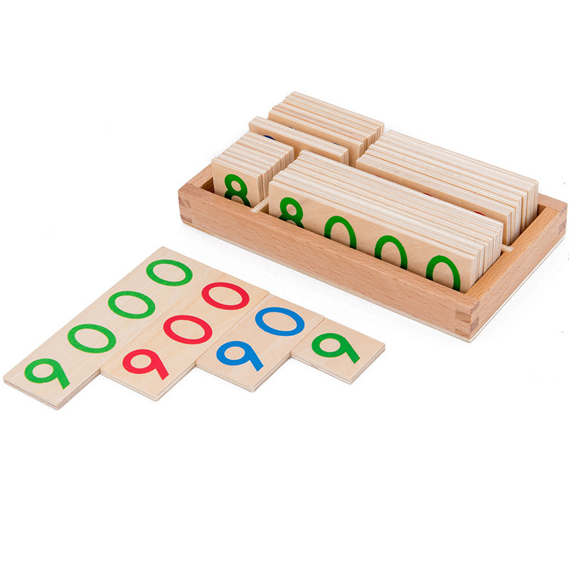 Color-coded Montessori number cards: units, tens, hundreds and thousands