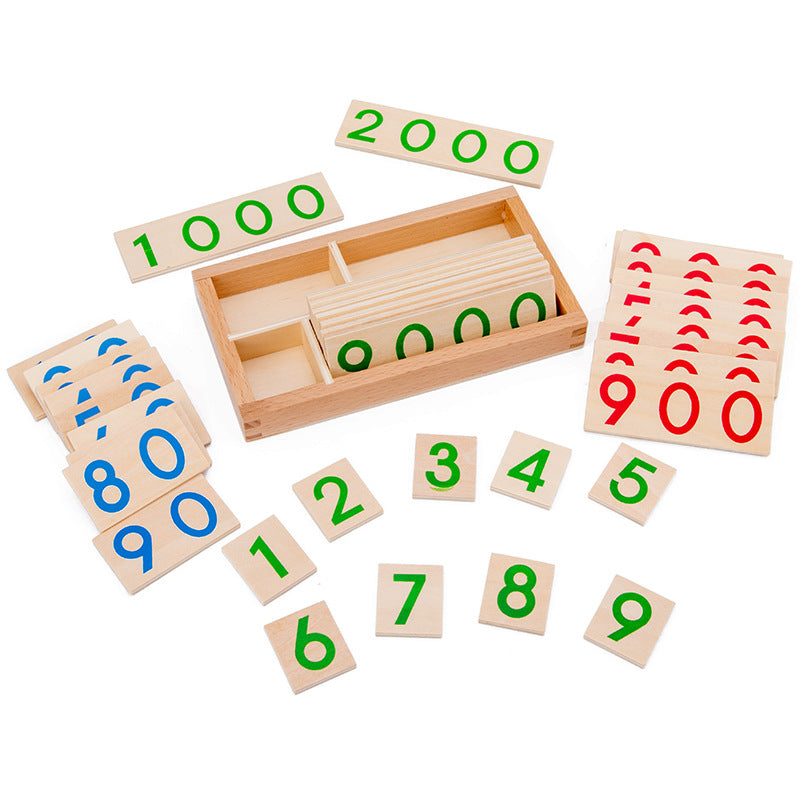 Close-up of bright, easy-to-read wooden number cards